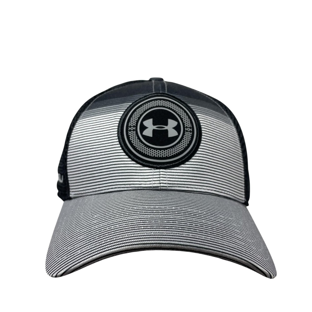 Under Armour Hat Cap Fitted Mens L/XL Gray Stripe Mesh Golf Performance Logo
